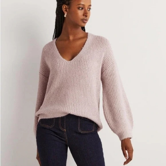 Boden Sparkle Ribbed Chunky Fluffy V-neck Soft Pink Metallic Thread Pullover - Picture 1 of 12